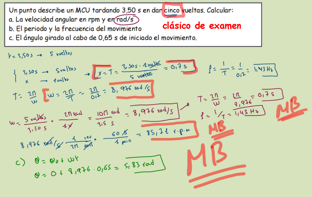 MCU física problemas resueltos de movimiento circular uniforme ESO bachillerato con solución paso a paso