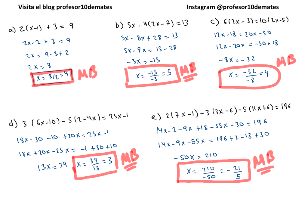 ecuaciones de primer grado con parentesis 2 ESO ejercicios resueltos