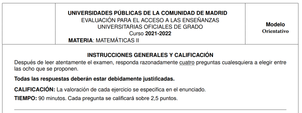 Selectividad ebau madrid matematicas 2022 modelo cero solución examen resuelto