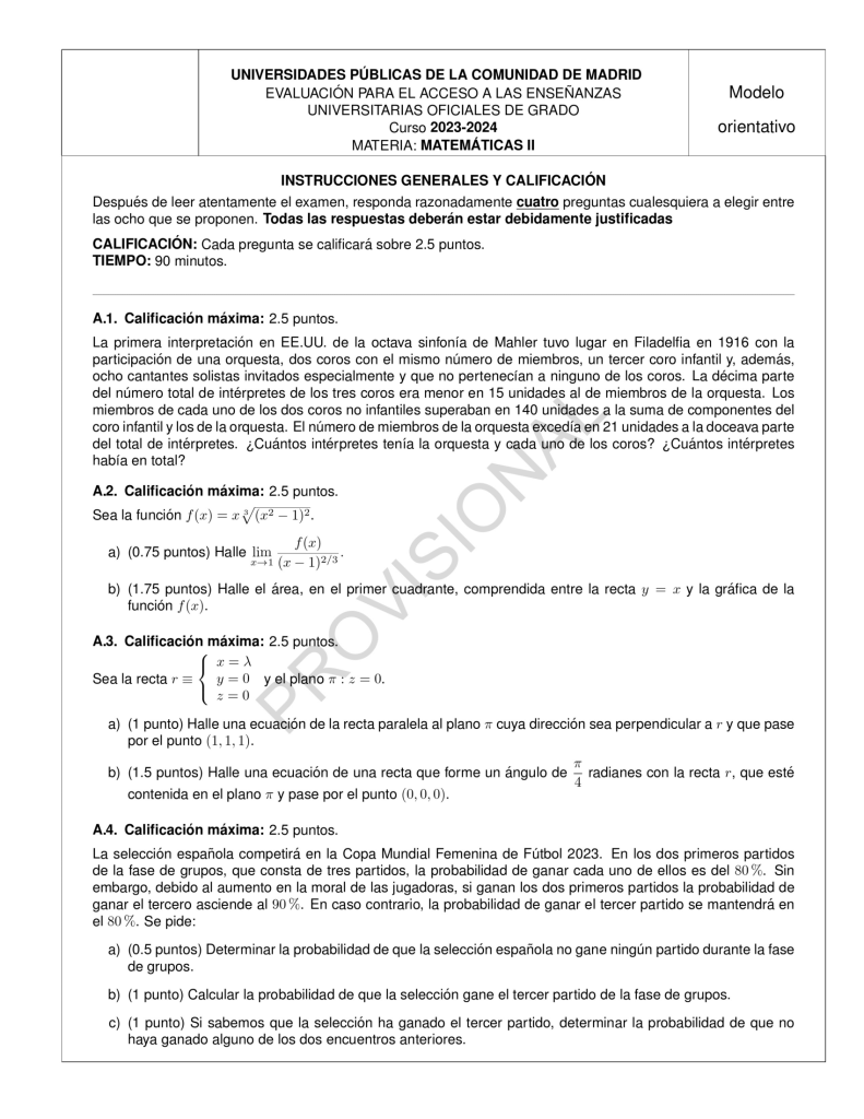 MAdrid modelo cero examen evau matemáticas II 2024 selectividad EVAU