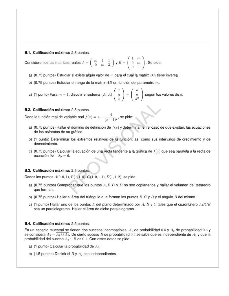 Matemáticas II 2024 EVAU Comunidad de MAdrid modelo cero Selectividad opción B